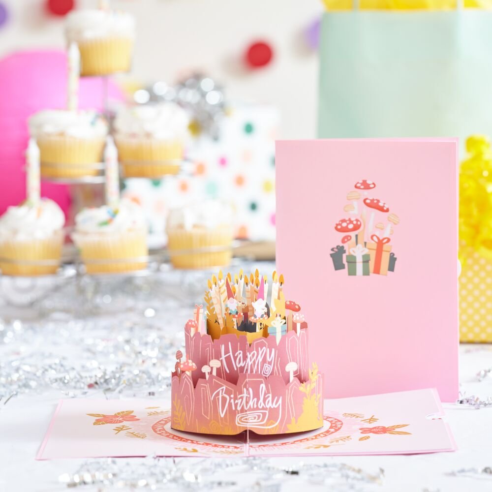 woodland gnomes birthday cake pop up card