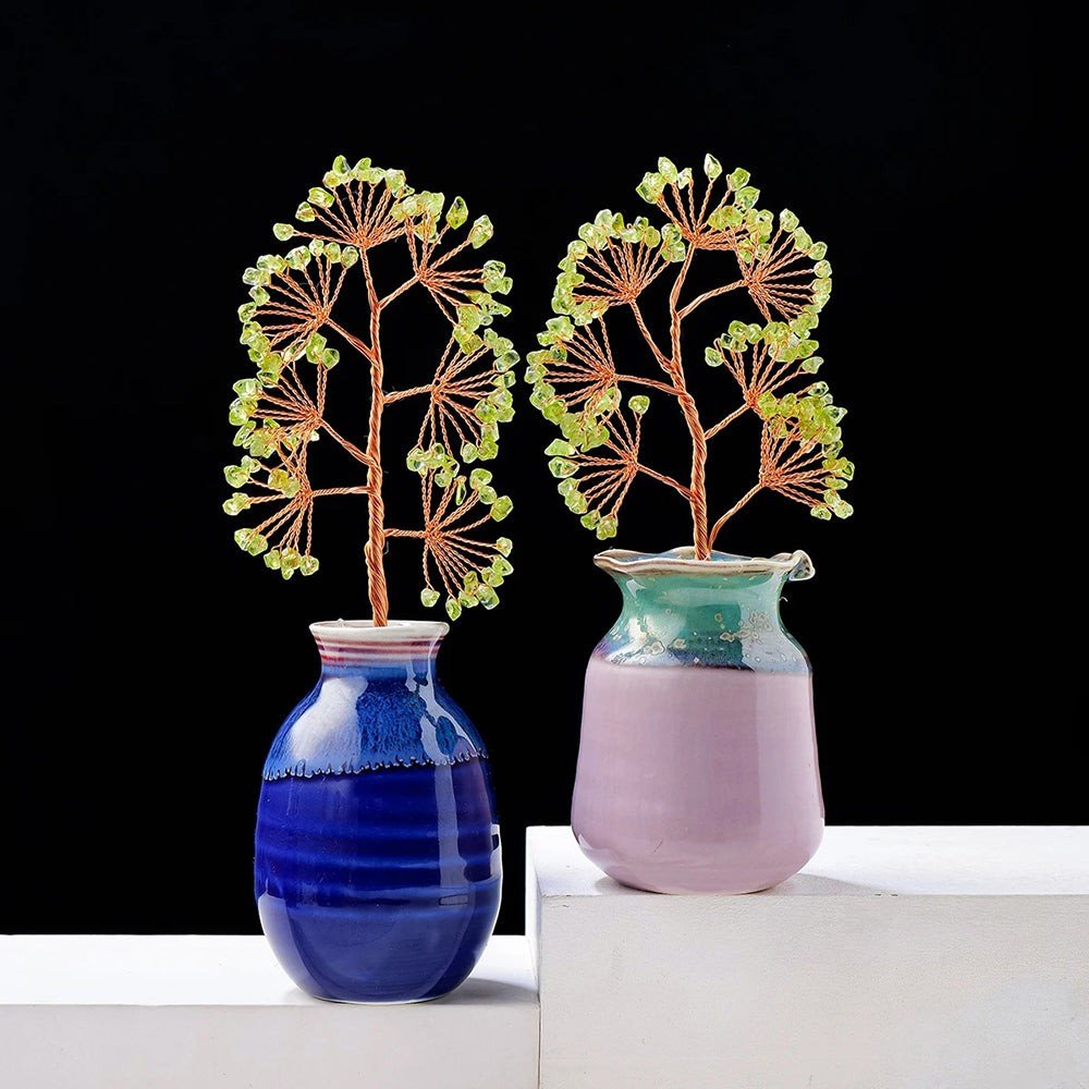 tree of life crystals with ceramic vase