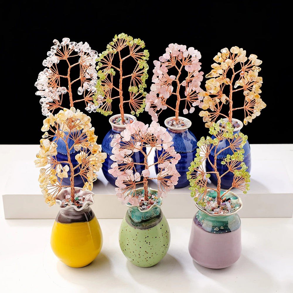 tree of life crystals with ceramic vase